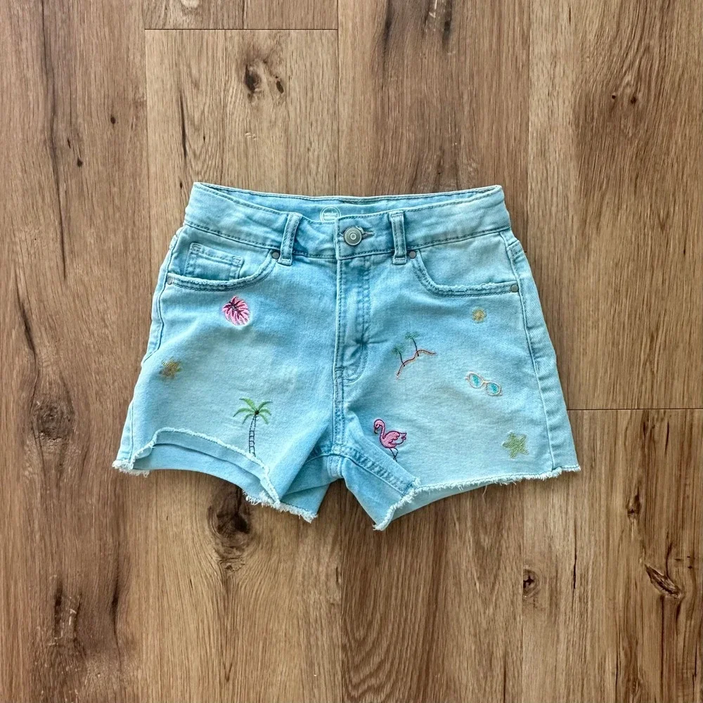 Wonder Nation Girls Light Wash Denim Shorts Tropical‎ Flamingo Palm Tree Size 8